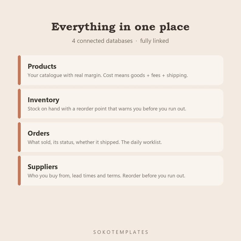 Plantilla de Notion para centro de negocios de comercio electrónico: productos, pedidos, inventario y proveedores en un solo lugar. imagen 3
