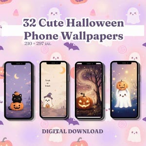 May include: A digital download set of 32 cute Halloween phone wallpapers featuring four smartphone screens displaying illustrations of black cats, ghosts, and jack-o'-lanterns against starry, purple, and orange backgrounds with text.