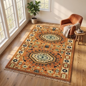 Hand Knotted Wool Rug, Geometric Persian Style, Double Medallion Design, Camel Terracotta Area Rug, Navy Sage Green Details, Tribal rugs