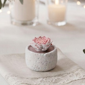 May include: A small, white, textured ceramic pot containing a sculpted succulent with white petals tipped in pink. The succulent sits atop a smooth, light-colored surface within the pot, creating a compact, decorative botanical ornament.