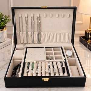 2-Layer Jewelry Box with 4 Watch Slots & Removable Tray, Black Jewelry Organizer for Rings, Earrings, Bracelets and Accessories