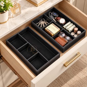 Faux Leather Jewelry Organizer Tray, 2 Pack Stackable Drawer Organizer, Nightstand Storage Caddy for Watch, Sunglasses, Wallet, Keys & Coins