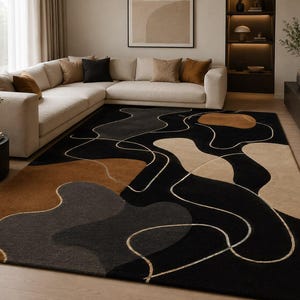 Modern Abstract Black Earth-Tone Area Rug – Organic Curves, Neutral Shapes  Contemporary Statement Design