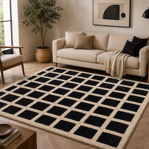 Black and Cream Geometric Area Rug, Modern Checkerboard Rug,Contemporary Grid Rug, Minimalist Living Room Rug,Bold Black White Bedroom Decor