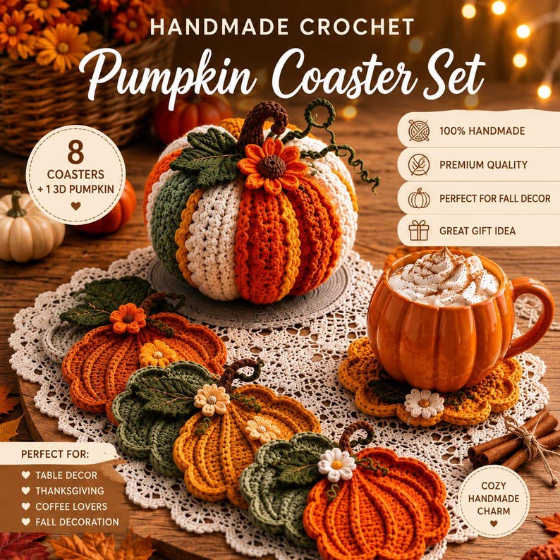 May include: A set of eight handmade crochet pumpkin coasters and one 3D pumpkin. The coasters are orange, green, and white with small flower accents. The 3D pumpkin features a green stem and a small orange flower. Text includes HANDMADE CROCHET Pumpkin Coaster Set.