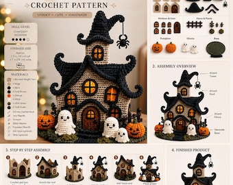 May include: A crochet pattern for a haunted house, featuring a beige and black house with orange windows, two white ghosts, and two orange pumpkins. The document includes a small parts breakdown, assembly overview, and step-by-step instructions.