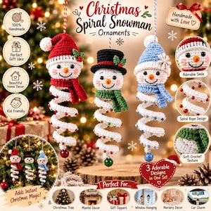 May include: Three handmade crochet Christmas spiral snowman ornaments featuring white spiral bodies with small colored beads. Each snowman wears a different colored hat and scarf: red, black, and blue. The text reads Christmas Spiral Snowman Ornaments.