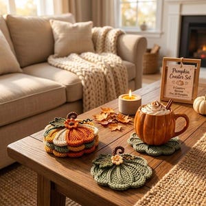 May include: A set of crochet pumpkin coasters in orange, yellow, and green, with one green coaster laid flat and a stack of others nearby. A pumpkin-shaped mug sits on a coaster, and a sign reads Pumpkin Coaster Set 8 Coasters Become One 3D Pumpkin.