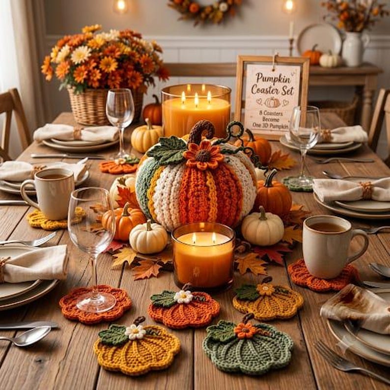 May include: A set of crochet pumpkin coasters in orange, yellow, and green, each featuring a small flower and leaf detail. The coasters are displayed on a wooden table alongside a large crochet pumpkin, candles, mugs, and a sign reading Pumpkin Coaster Set.