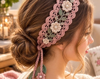 May include: A pink crocheted headband featuring a scalloped edge and a decorative vine pattern with cream-colored flowers, green leaves, and small central pearls. The headband includes two dangling ties at the back, each finished with a small flower.