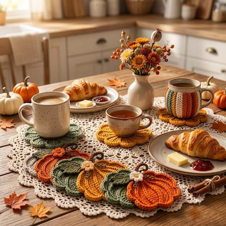 May include: A collection of handmade crochet pumpkin coasters in shades of orange, green, and yellow, each featuring a small flower detail. The coasters are arranged on a white lace doily alongside ceramic mugs, plates with croissants, and a vase of flowers.