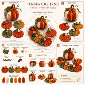 May include: A crochet pattern guide for a pumpkin coaster set, featuring instructions for 8 coasters and 1 3D pumpkin. The guide includes a front view, side view, small parts breakdown, assembly steps, and a final product display with autumn colors.