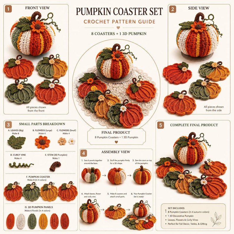 May include: A crochet pattern guide for a pumpkin coaster set, featuring instructions for 8 coasters and 1 3D pumpkin. The guide includes a front view, side view, small parts breakdown, assembly steps, and a final product display with autumn colors.