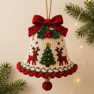 Può includere: Una decorazione a forma di campana all'uncinetto color crema con un fiocco rosso in cima, foglie di agrifoglio verdi con bacche rosse e un albero di Natale verde centrale affiancato da due renne rosse. Il bordo inferiore ha una finitura rossa.