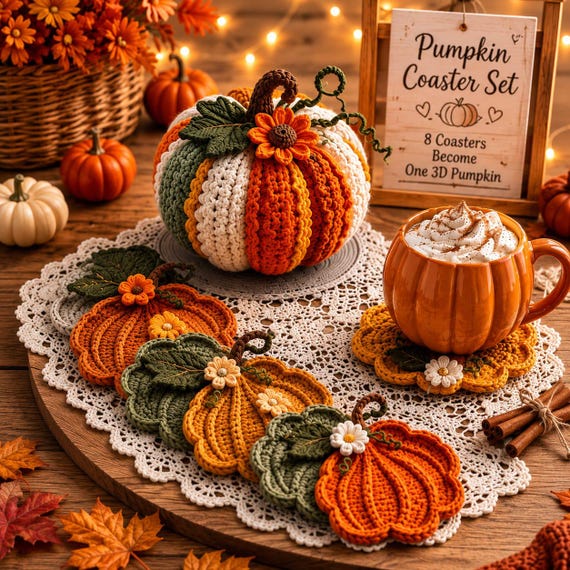 Crochet Pumpkin Coaster Set Pattern | 3D Fall Decor (PDF Download)