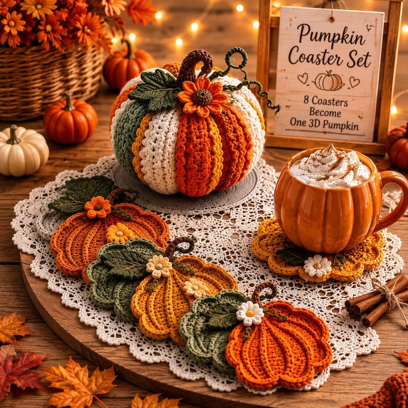 May include: A crochet pumpkin set featuring a large stuffed pumpkin and several flat pumpkin-shaped coasters. A wooden sign reads Pumpkin Coaster Set, 8 Coasters Become One 3D Pumpkin. An orange mug with whipped cream sits on a coaster.