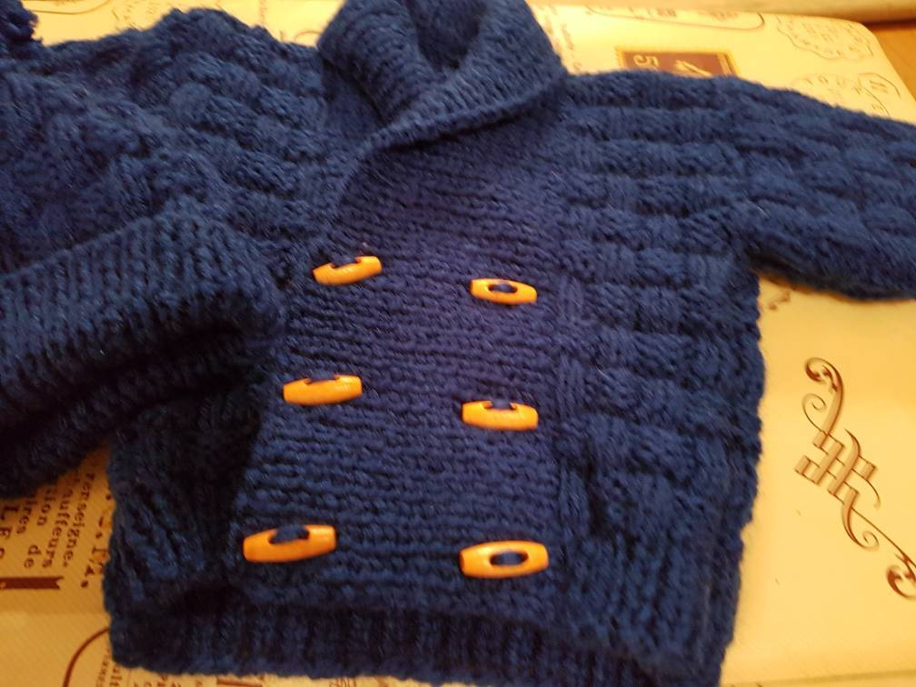 Hand Knitted Baby Boys Navy Blue Double Breasted Cardigan With Etsy UK