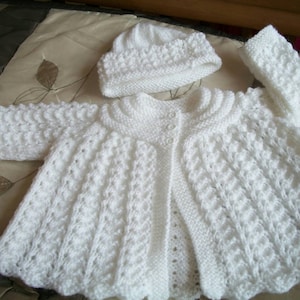 Hand Knitted Baby Girls White Matinee Set Cardigan and Hat - Etsy UK