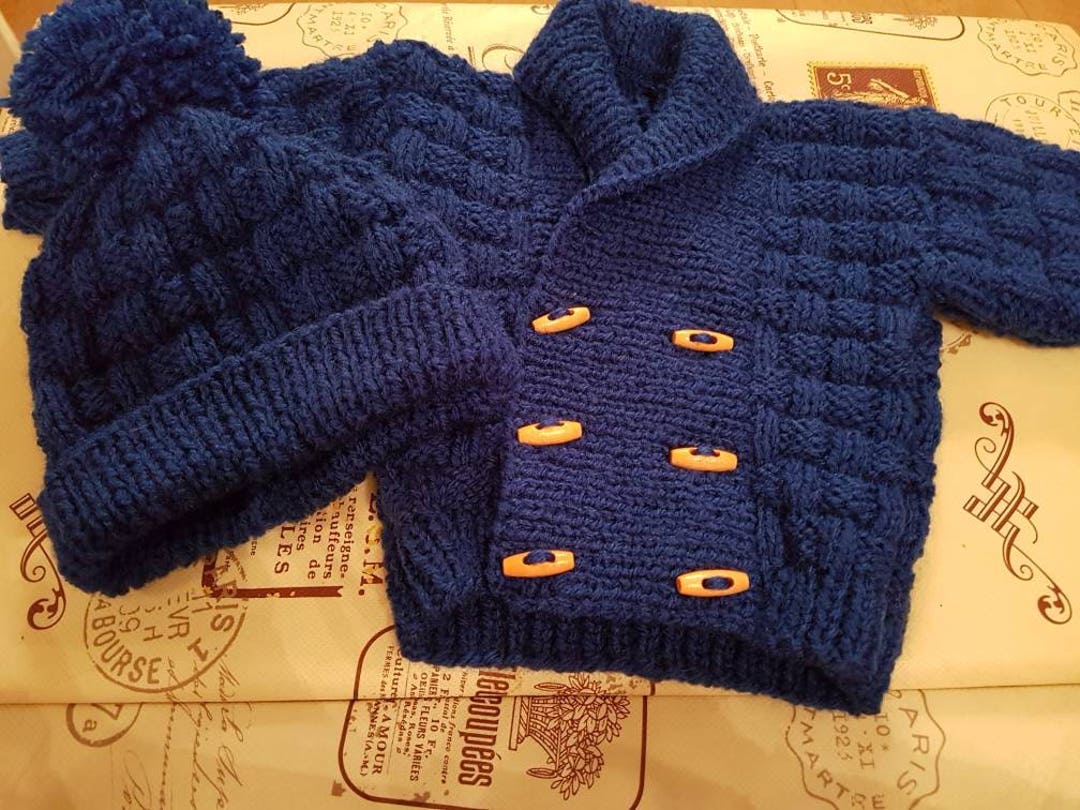 Hand Knitted Baby Boys Navy Blue Double Breasted Cardigan With Wooden