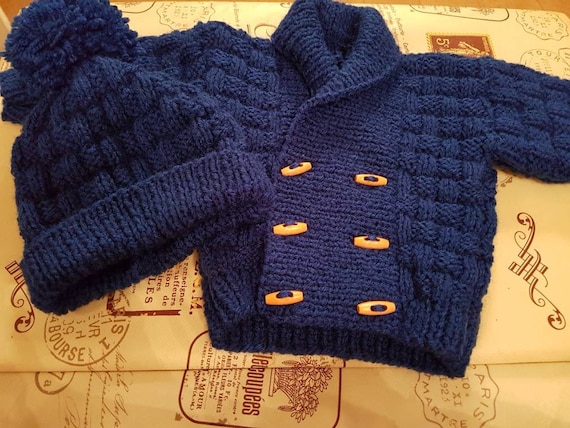 Hand Knitted Baby Boys Navy Blue Double Breasted Cardigan | Etsy