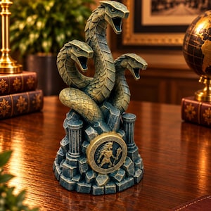 Può includere: Una statua di serpente a tre teste con una finitura blu e oro anticata. I serpenti sono avvolti su una base rocciosa con due piccole colonne e un medaglione circolare che raffigura una figura guerriera con una clava al centro.