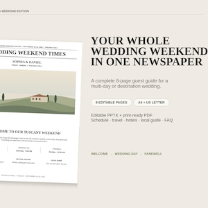Könnte beinhalten: Eine digitale Vorlage für eine Hochzeitswochenend-Zeitung mit dem Text "Wedding Weekend Times," "Sophia & Daniel," und "Welcome to our Tuscany Weekend." Das Layout enthält eine Illustration eines Hauses in einer Landschaft sowie Textfelder für Zeitpläne, Reisen und lokale Führer in den Formaten A4 und US Letter.
