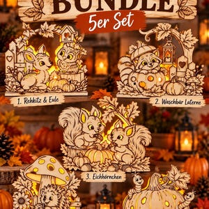 May include: A set of five laser-cut wooden autumn-themed light-up decorations featuring woodland animals including a fawn, owl, raccoon, squirrels, hedgehog, and worms with pumpkins and mushrooms. The text reads Herbst BUNDLE 5er Set.