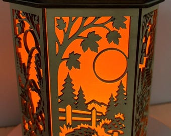 Autumn lantern with gnome, fox & pumpkin | Illuminated lantern | Autumn decoration | Wooden lantern | Laser decoration | Gift idea moon forest cottage
