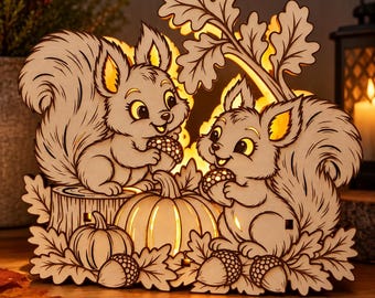 LED Squirrel Lantern - Autumn Motif - Cute squirrels with pumpkins, acorns & autumn leaves - Autumn decoration