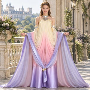 Könnte beinhalten: Ein bodenlanges Kleid mit einem Farbverlauf, der von blassem Gelb am Ausschnitt zu zartem Rosa und tiefem Lavendel am Saum übergeht. Das Kleid verfügt über ein Oberteil im Neckholder-Stil, drapierte Stoffbahnen und lange Ärmel.