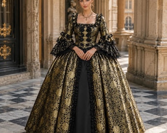 Schwarzes und goldenes Rokoko-Kleid, viktorianisch-gotisches Ballkleid, barockes Abendkleid, historisches Kostüm, königliches Maskenball-Outfit für Damen