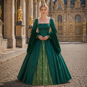 dark green renaissance dress White chemise under maxi evening gown Jacquard dress flowy beach wedding guest Farbic order - Choose size:3 yards / 2.7 meters