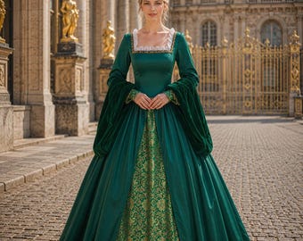 Abito verde rinascimentale da donna, vestito storico di ispirazione medievale, costume di corte reale
