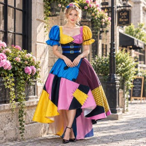 May include: A patchwork dress featuring a square neckline and puff sleeves, designed with a vibrant mix of blue, yellow, pink, and black fabric panels. The bodice includes two blue horizontal straps with gold buckles, and the skirt has a high-low hem.