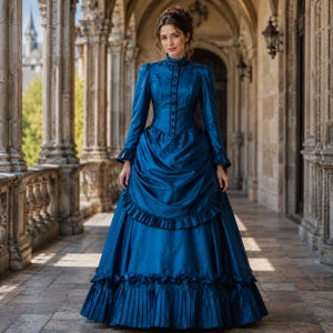 edwardian blue dress floral prints SPAGHETTI STRAP FITTED FULLY Waist Size:46 GreenDress Length