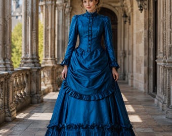 Victorian Blue Dress Women, Gothic Historical Gown, Steampunk Inspired Long Sleeve Costume, Romantic Vintage Ball Dress, Period Outfit