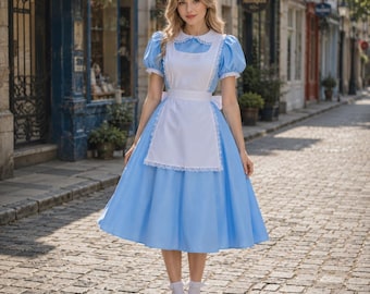 Blue Cottagecore Dress, Vintage Inspired Apron Dress, Puff Sleeve Midi Dress, Romantic Country Style Outfit, Tea Party Costume for Women