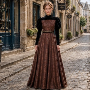 May include: A floor-length dress featuring a brown patterned bodice and skirt with a subtle damask design. The garment has long black velvet sleeves, a high neckline, and a thin gold-toned belt at the waist. The skirt is full and pleated.
