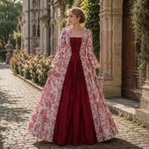 Peut inclure: Une robe longue jusqu'au sol avec un corsage rouge foncé uni doté d'un laçage sur le devant et un long manteau ouvert à manches évasées. Le manteau est en tissu crème avec un motif floral rouge détaillé sur tout le vêtement.