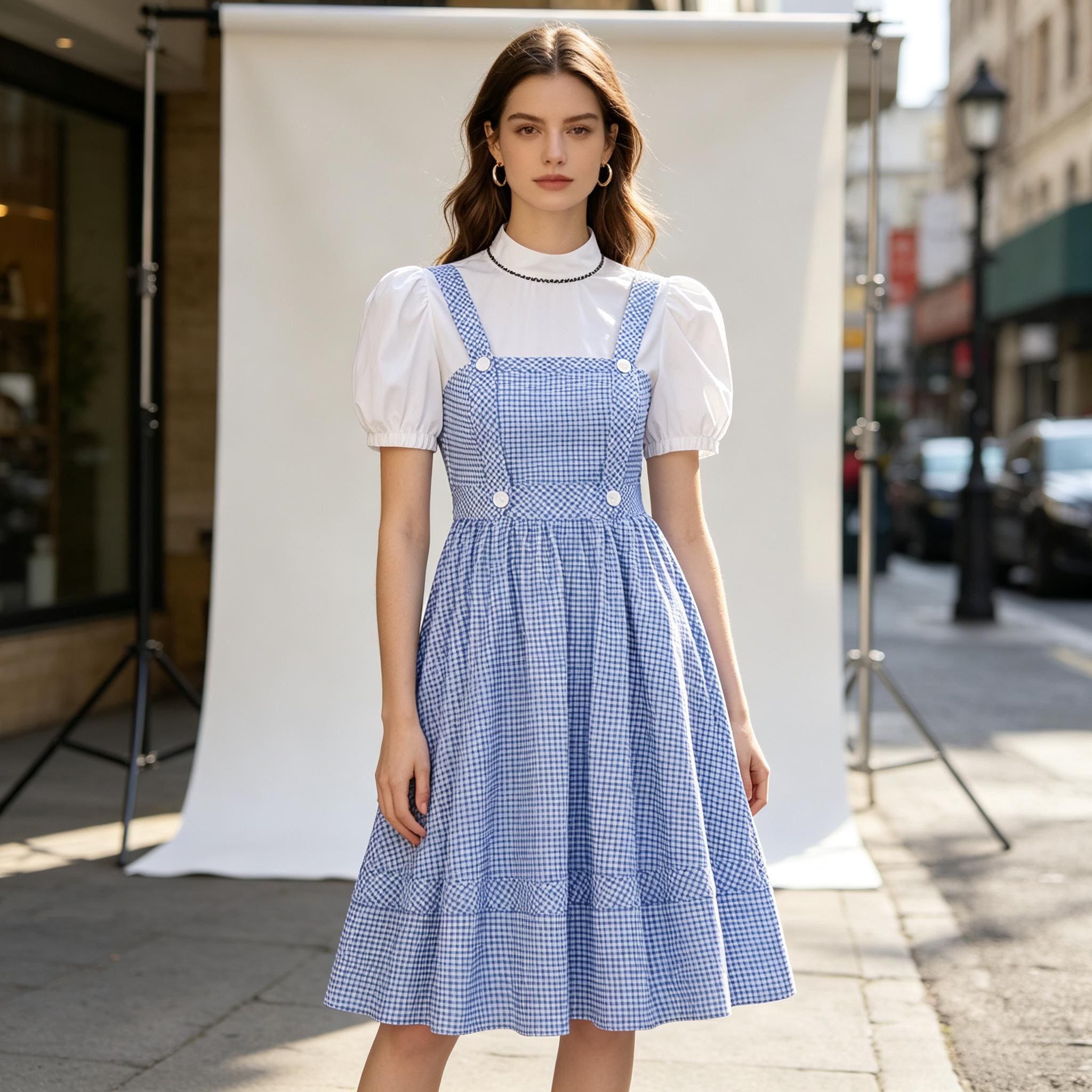 blue and white gingham pinafore dress Apron Umgee Small Mini Dress Size:3XL (34-35 sleeve length) Tartan pinafores costumes