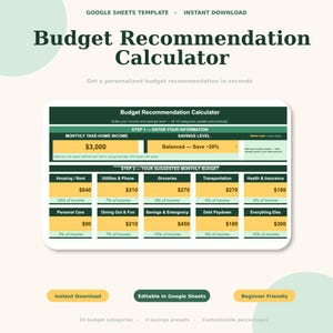 May include: A digital Google Sheets template titled Budget Recommendation Calculator. The interface features a dark green and yellow layout with input fields for monthly income and savings levels, plus ten categorized budget expense sections.