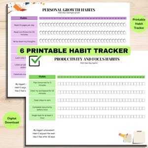 May include: A printable habit tracker document featuring two sections titled Personal Growth Habits and Productivity and Focus Habits. The layout includes rows for daily tasks, numbered columns from 1 to 31, and checkboxes for tracking progress throughout the month.