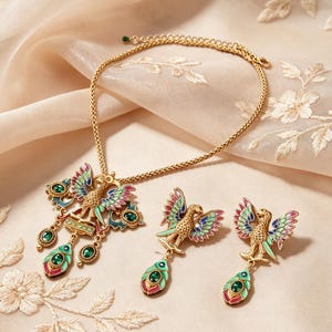 Vintage Phoenix Enamel Jewelry Set, Antique Gold Peacock Gem Drop Earrings & Pendant Necklace, Bohemian Statement Jewellery Gift for Women