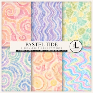 Op de afbeelding: Een collectie van zes naadloze digitale papierpatronen met pastelkleurige tie-dye ontwerpen in wervelingen, golven en bloemachtige motieven. De tekst luidt PASTEL TIDE, 6 SEAMLESS TIE-DYE PATTERNS, DIGITAL PAPER, 300 DPI, INSTANT DOWNLOAD en LoomonStudioDesigns.
