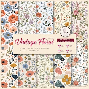 May include: A collection of 10 seamless vector patterns featuring various floral designs in shades of orange, blue, pink, and green. The image includes text stating Vintage Floral, 10 Seamless Vector Patterns, and Digital Download, with file icons.