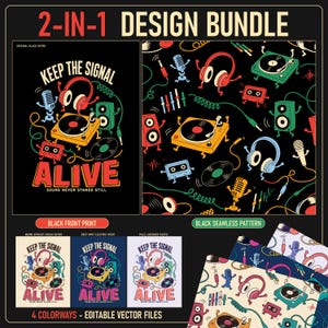 Può includere: Un pacchetto di 2 design con una stampa grafica nera e un motivo senza cuciture con attrezzature musicali retrò. Le illustrazioni includono giradischi, cuffie, microfoni e cassette con il testo Keep The Signal Alive.