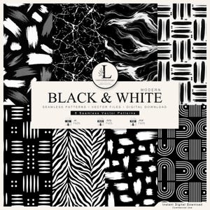 May include: A digital collection of eight seamless black and white vector patterns featuring brush strokes, marble textures, zebra stripes, and geometric arches. The central text reads MODERN BLACK & WHITE SEAMLESS PATTERNS VECTOR FILES DIGITAL DOWNLOAD.