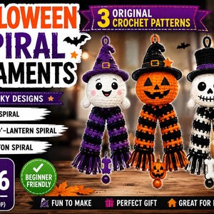 May include: Three crochet spiral ornaments featuring a ghost in a purple hat, a jack-o'-lantern in a black hat, and a skeleton in a black top hat. Each figure has a long striped scarf and hangs from a loop, measuring 14-16 inches in total length.