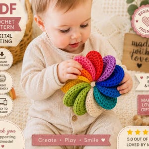 Puede incluir: Un patrón de ganchillo digital en PDF que presenta un juguete de hilo circular, multicolor y de varias capas. El diseño incluye elementos de texto como PDF CROCHET PATTERN, DIGITAL LISTING, BEGINNER FRIENDLY, INSTANT DOWNLOAD, PRINT FRIENDLY, EASY TO FOLLOW, Create Play Smile y 5.0 OUT OF 5 STARS LOVED BY MAKERS.