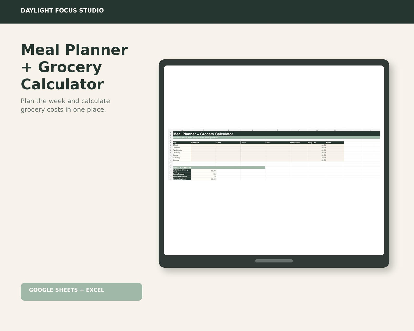Meal Planner and Grocery Calculator Spreadsheet, Weekly Menu, Shopping ...